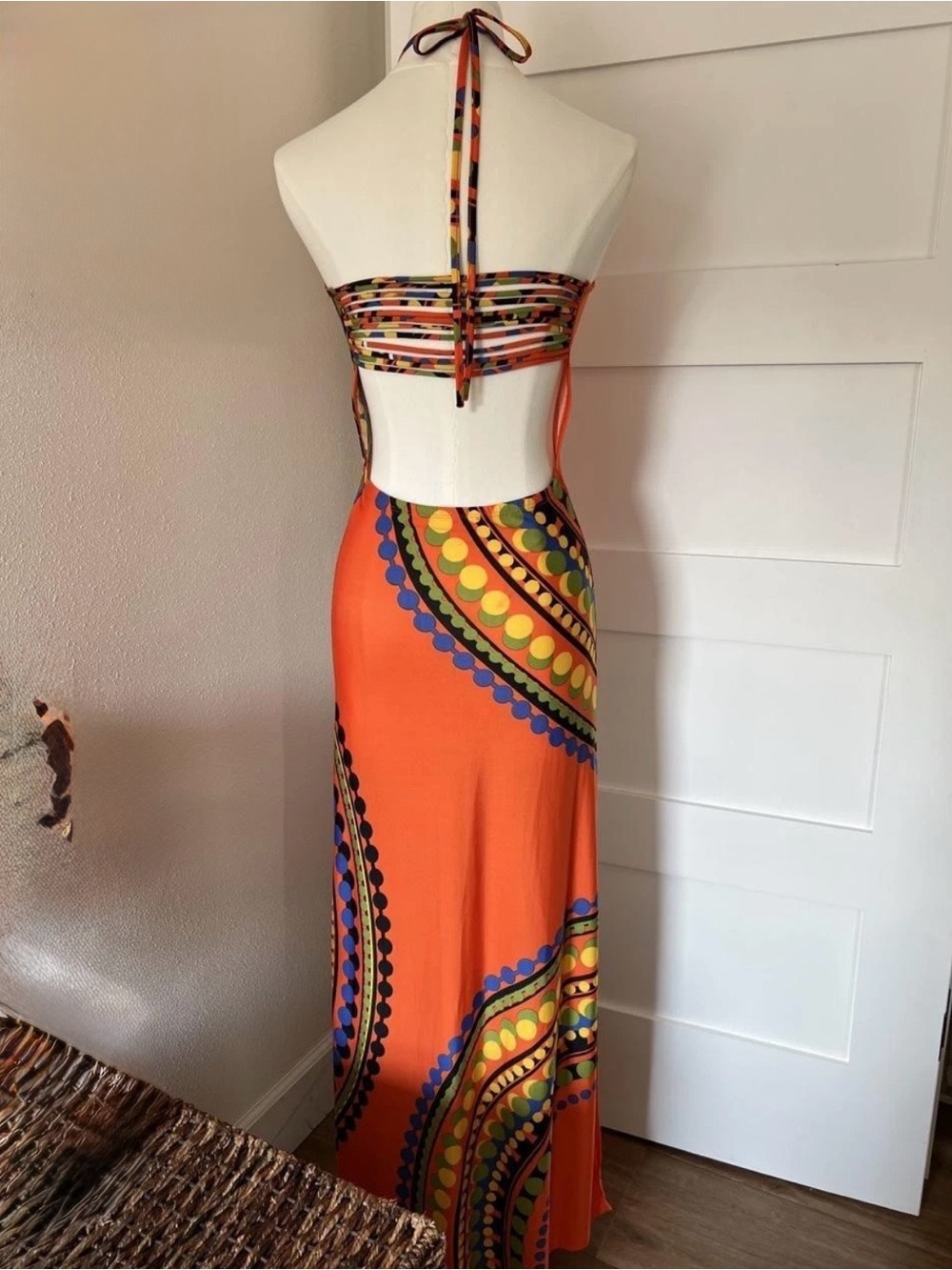 Venus Orange Halter Vibez boho vintage sexy Maxi Dress with side splits sz M - Picture 2 of 3